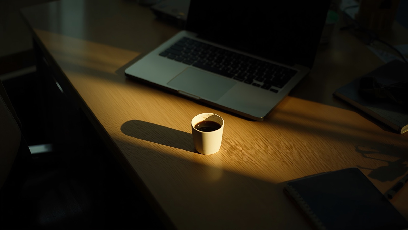 A quiet office desk in mid-afternoon, a half-finished coffee catching low raking light.