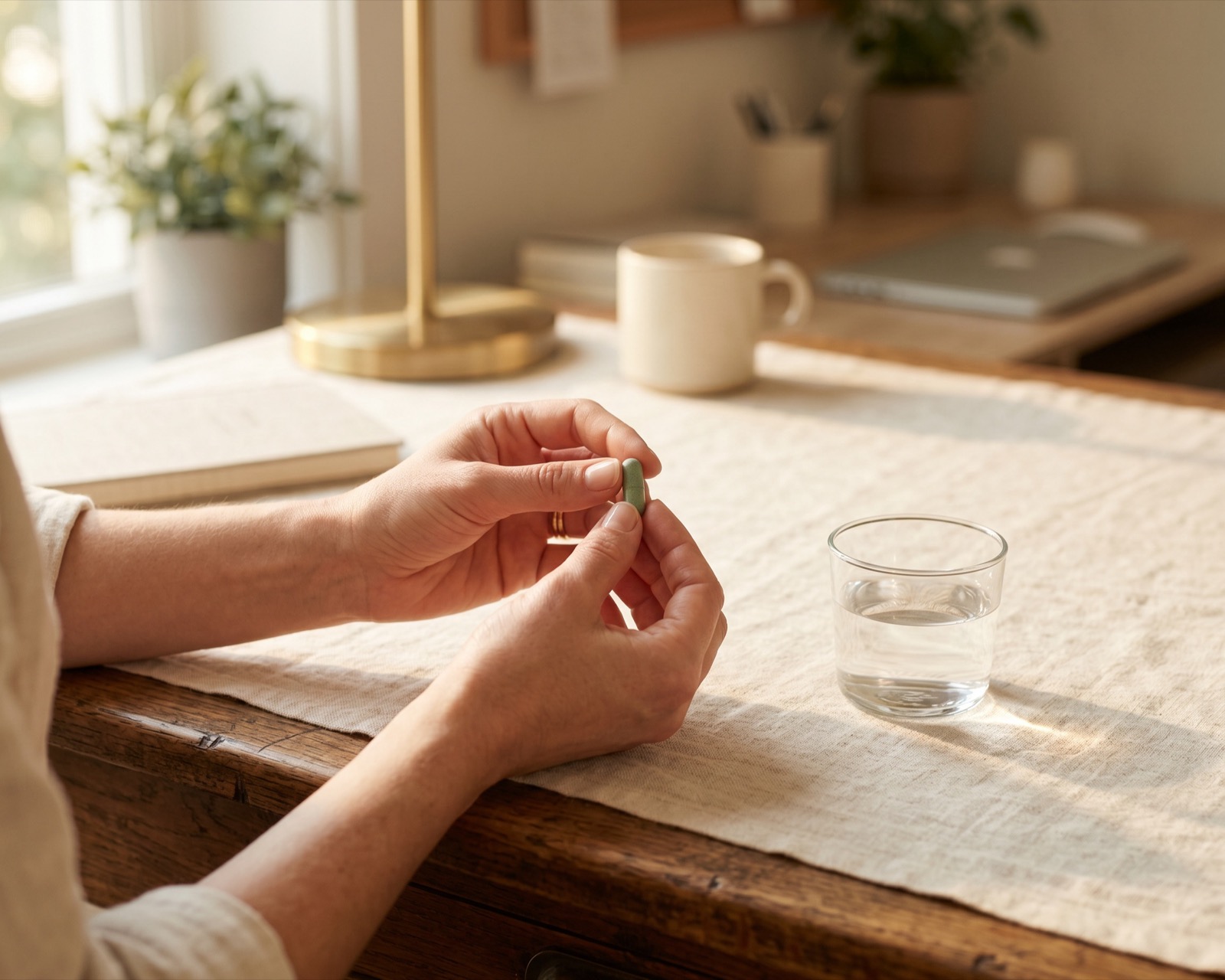 Hands holding a single Cadence capsule beside a glass of water at a sunlit desk, mid-afternoon.